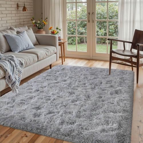 Grey Rugs for Bedroom Fluffy 4x6 ft Living Room Rug Non-Slip Area Rugs Shag Carpet for Nursery Kids Play Room Dorm Office Indoor Modern Plush Carpets Boys Light Gray