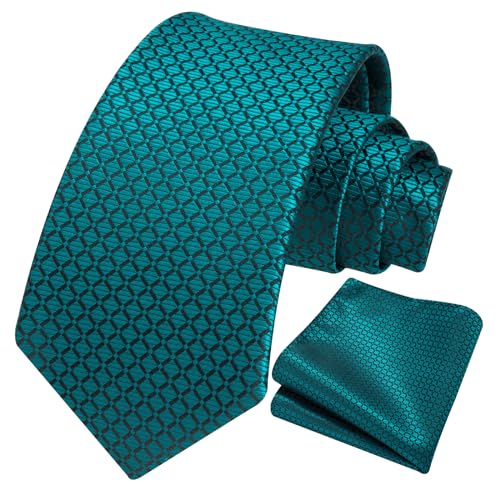 Image of HISDERN Ties for Men Plaid Checkered Tie with Pocket Square Woven Business Formal Necktie Handkerchief Set Wedding Party