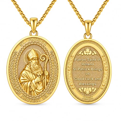CRWENG St Patrick Necklace for Men 14k Gold Plated Saint Patrick Medal
