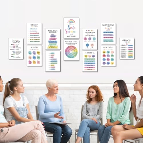 12 peças de pôsteres de saúde mental, decoração de escritório de terapeuta, pôsteres de cuidados de