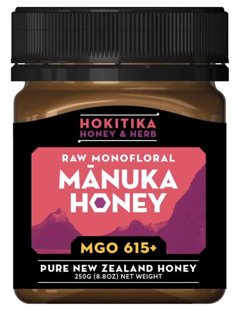 Hokitika Honey & Herb Raw Manuka Honey MGO 615+ from New Zealand. 100% Pure, High Strength, Medical Grade, Non-GMO, Monofloral Manuka flower honey.