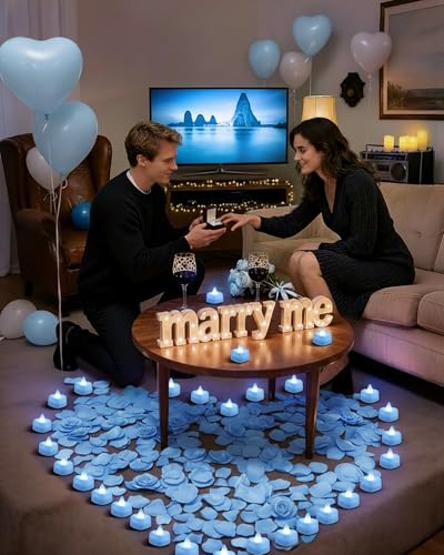Image of Amagic 2000 Pieces Light Blue Artificial Rose Petals with 24 Light Blue LED Tea Lights, Rose Petals and Candles Set for Proposal, Anniversary, Romantic Night, Wedding Decor