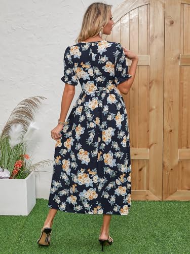 Image of Women's Elegant Floral Dress Coll. (All-Seasons) - Sleeveless /Short /Midi, V-Neck Ruffle, Fashion Casual Party Dresses