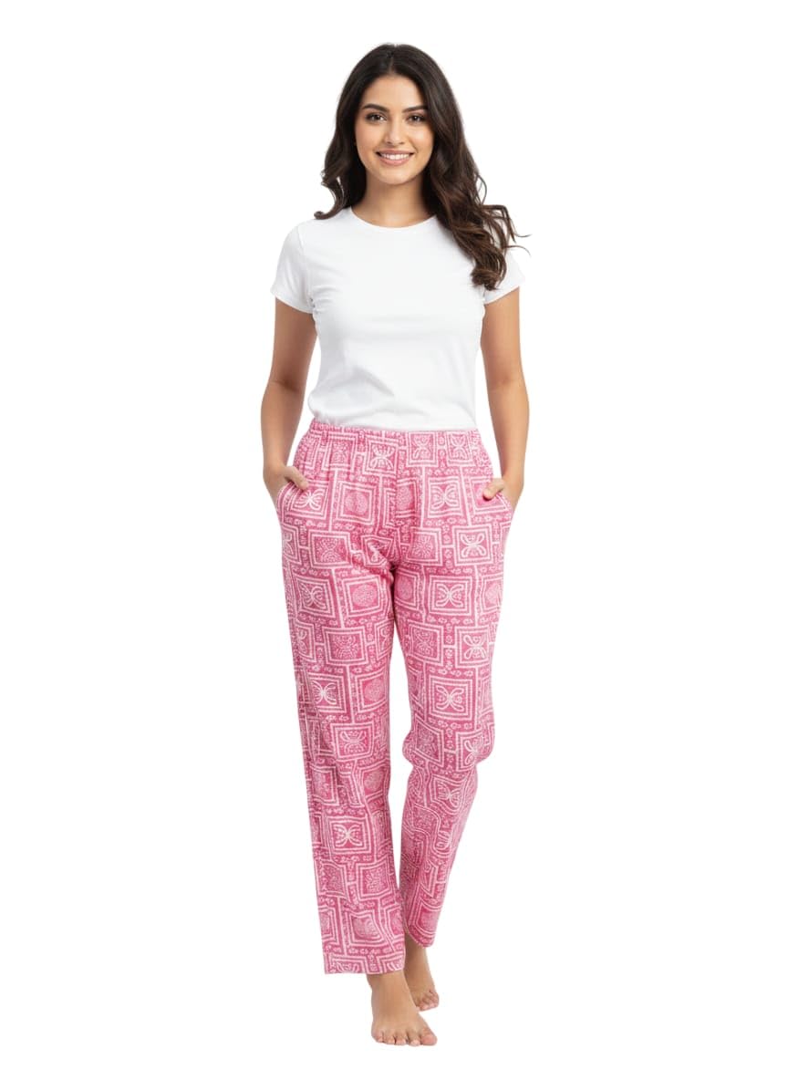 Women's Pink Printed Pyjama Pants, Elastic Waist, Casual Lounge Wear with Pockets-picture-20