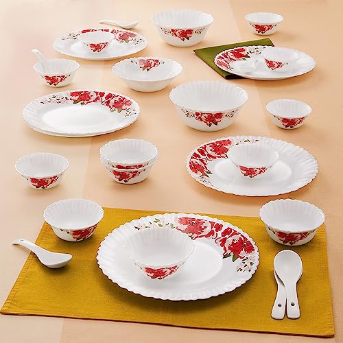 Image of Larah by Borosil 27pc Opalware Dinner Set | for Family of 6 | Microwave & Dishwasher Safe | Bone-Ash Free | Crockery Set for Dining & Gifting | Plates & Bowls (Rose RED)