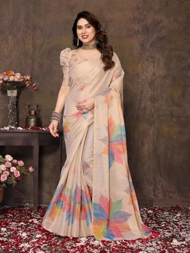 Image of Yashika Women's Chanderi Floral Digital Print Chandheri Saree with Unstitched Blouse Material