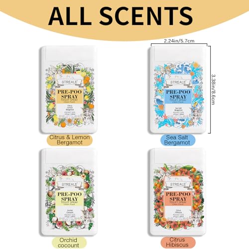 Image of Travel Size Toilet Spray 4-Pack, Travel Essentials Toiletries, Pocket Size Pre-Poo Spray, Bathroom Odor Deodorizer, Up to 240 Uses, 4 Refreshing Scents