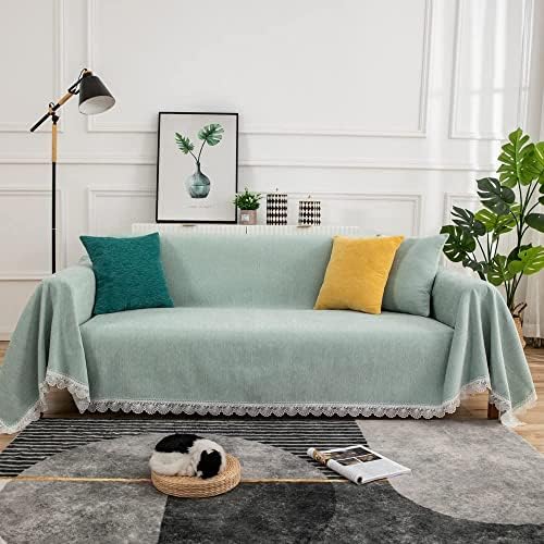 DREAMINGO Solid Light Green Couch Covers, Chenille Furniture Protector Sofa Covers for 2 Cushion Couch Sofa/Love Seat, Universal Couch Cover for Pets Kids, Large