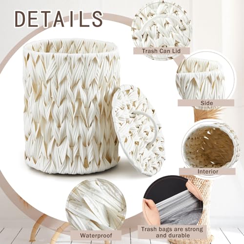Image of Ctosree 1.3 Gallons Small Trash Can with Lid Handle Boho Woven Braided Bathroom Waste Basket Trash Can with 100 Garbage Bags for Bedroom Office Laundry(Braided Polypropylene, Cream White)