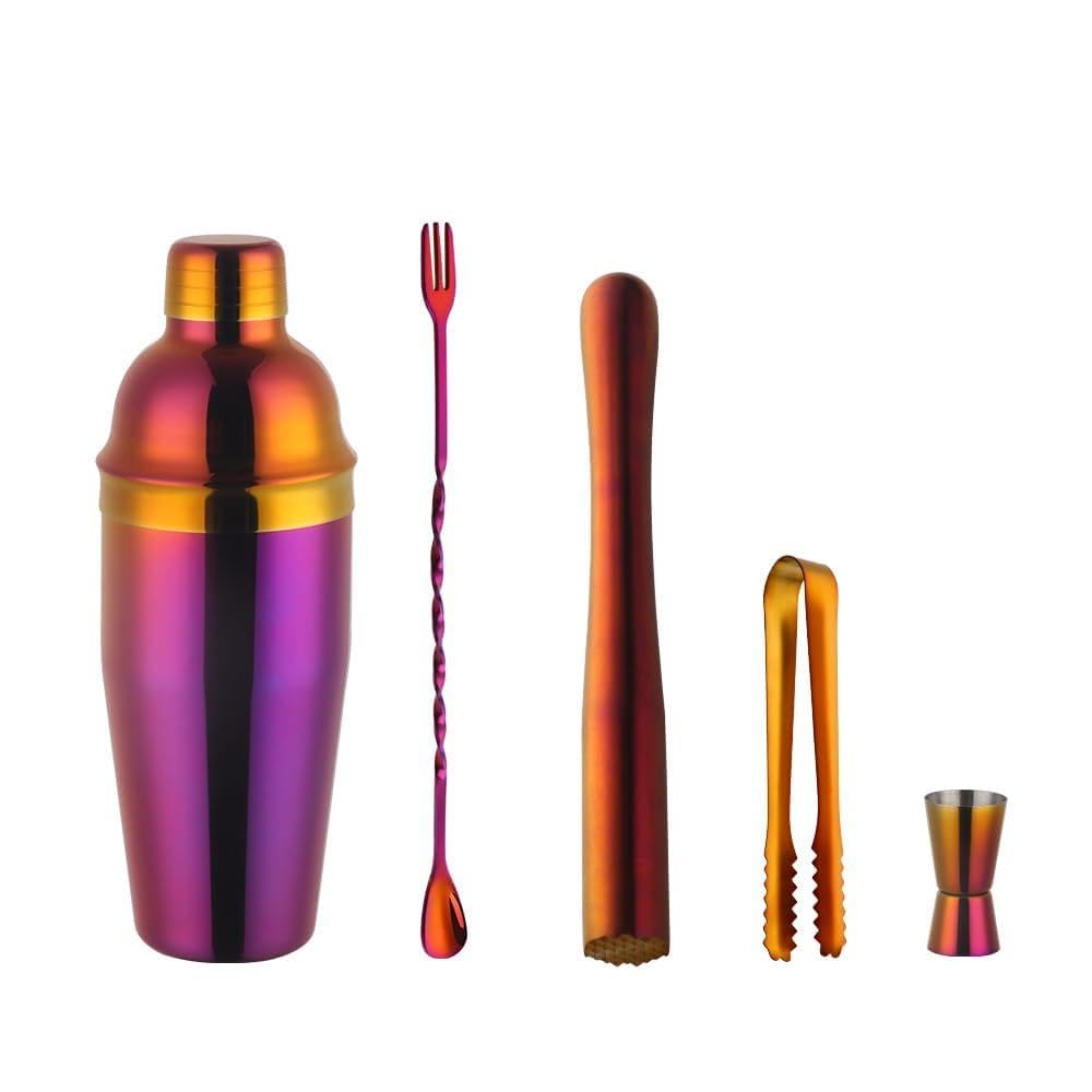 Coctelera,Cocktail Kit Juego De Coctelera Arcoíris Acero Inoxidable 1 A 5 Piezas, 750 Ml, Con Colador, Vaso Medidor, Kit Barman, Herramienta Barra(Clear)