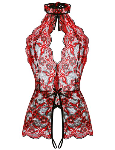 Image of Ababoon Women One Piece Lingerie Lace Sexy Baby Dolls Teddy Sleepwear (Black&red, Large)