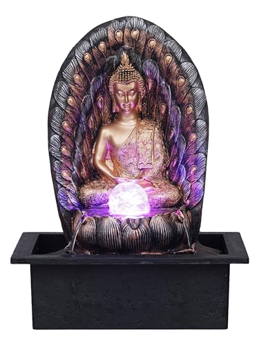 Image of Gold Brown Polyresin Table Top Meditating Buddha Indoor Waterfall Fountain for Home Decor with LED Light, Speed Control Pump & Crystal Ball (Size: 29 x 22 x 39CM | Wt: 2140Gram)