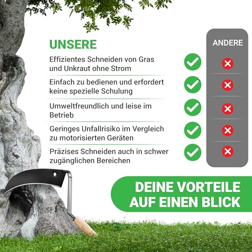ALBAJ Sensensichel mit Holzgriff - traditionelle scharfe Sichel - nachhaltige Handsense 31x33 cm- inklusive Gratis Schleifstein – robuste Handsense für Gras
