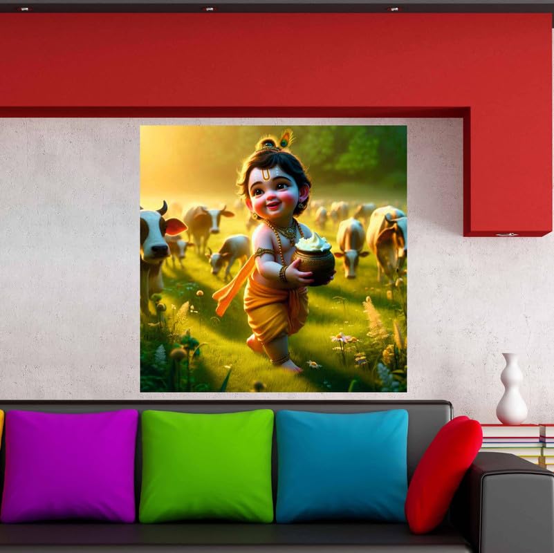 Image of British Terminal Cute little Bal Gopal Baby God Krishna| Kanha Ji | Laddu Lord Makhan Chor Painting Religious Poster for Pregnant Women for wall (matt thin vinyl,sticker,multicolor,unframed)| bj64
