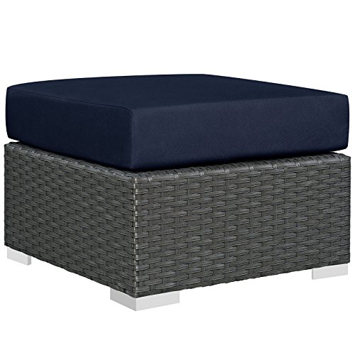 Modern Contemporary Outdoor Patio Ottoman, Navy, Fabric, Synthetic Rattan