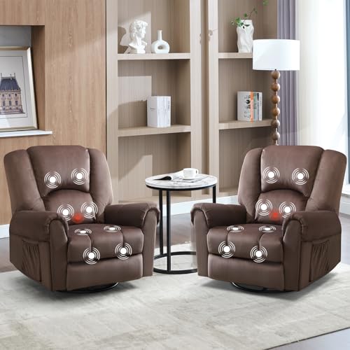 HAOMARKETS Rocking Swivel Recliner with Massage and Heat Set of 2, Oversized 360° Swivel Rocker Recliners with Side Pockets, Overstuffed Heavy Duty Reclining Sofa Chair for Living Room, Brown