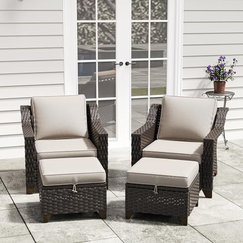 Image of 4 Piece Patio Furniture Set, Wicker Outdoor Conversation Set | Patio Chair Set with Olefin Removable Cushion, All-Weather Outdoor Couch with Deep Seat for Porch, Deck and Backyard, Beige