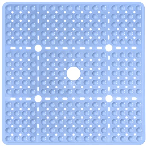 Naoloture Large Light Blue Square Shower Mat Non Slip 27 x 27 Inch, Soft Bath Mat Tub Mat for Inside Shower Floor, Anti Slip Shower Stall Mats With Big Suction Cups Drain Hole, Easy Washable, BPA-Free