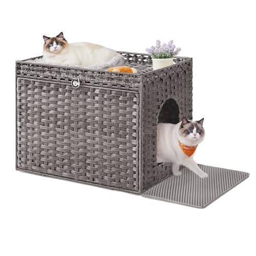 Feandrea Cat Litter Box Enclosure, Handwoven Rattan Hidden Litter Box Furniture with Extra Litter...