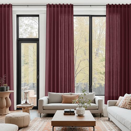 Image of Nanspring Burgundy Linen Curtains for Living Room 105 Inches Long Light Filtering Semi Sheer Curtain Back Tab Vintage Boho Decor Elegant Luxury Drapes for Bedroom Dinner Room 52x105, 2 Panels