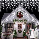 Echosari Christmas Icicle Lights Battery Powered, 20Ft 300 Led Icicle Lights Dimmable With 8 Modes Timer Remote For Eaves Porch Fence Yard Outdoor Decor(Cool White)