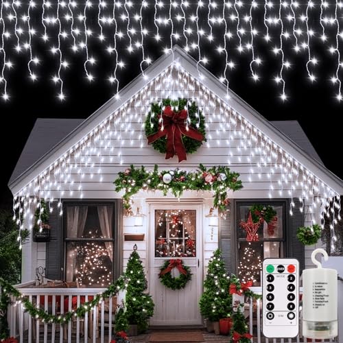 Echosari Christmas Icicle Lights Battery Powered, 20Ft 300 Led Icicle Lights Dimmable With 8 Modes Timer Remote For Eaves Porch Fence Yard Outdoor Decor(Cool White)