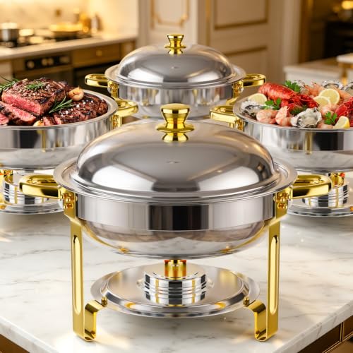 SpprVine Chafing Dishes for Buffet Set, 4 Pack 6QT Round Chafing Dishes for Buffet with lid,food warmers for parties, Christmas,Catering Events Dinners, Wedding, Buffet & Home(Gold +Silver, 6QT) by SpprVine - Used condition - US$88.88