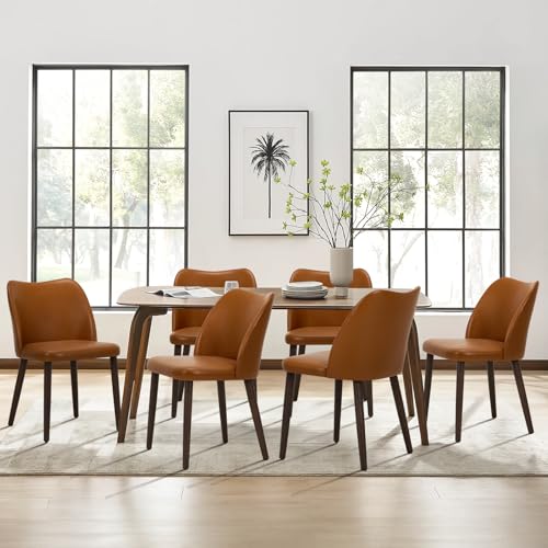 COLAMY Upholstered Dining Chairs Set of 6, Modern PU Leather Dining Room Kitchen Side Chair with Padded Seat and Wood Legs Restaurant/Cafe,Light Brown