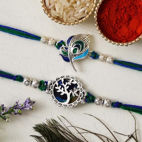 Image of eCraftIndia Unisex Adult Set Of 2 Peacock Feather And Floral Designer Rakhis For Brothers With Roli Chawal