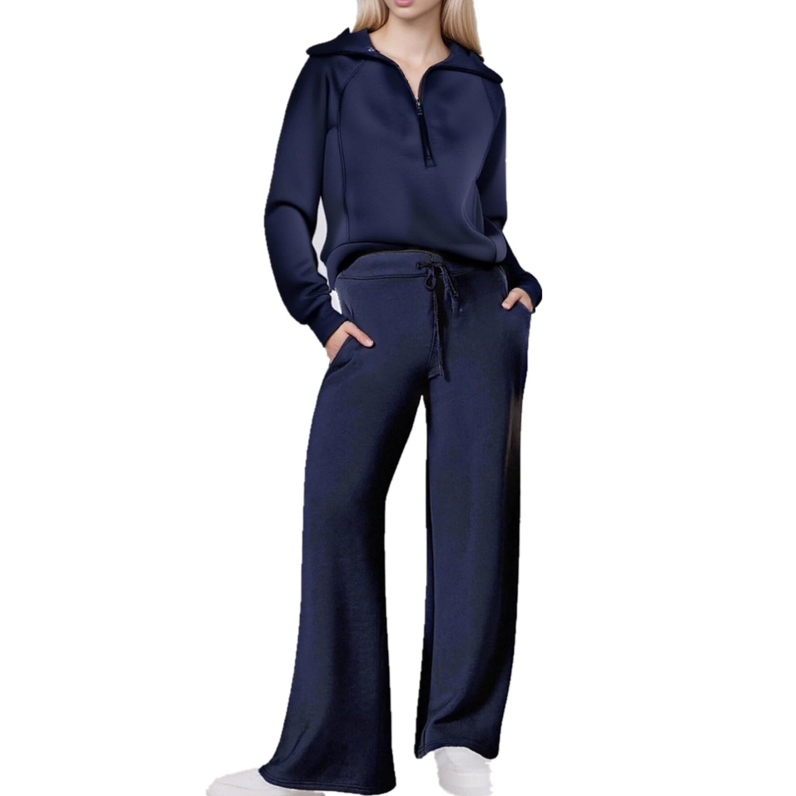 Womens 2 Piece Outfits 2025 Casual Half Zip Wide Leg Pants Tracksuit Sets Lounge Set Travel Vacation Sweatsuits