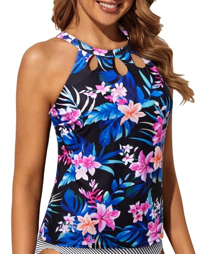 Image of Tempt Me High Neck Tankini Top Backless Bathing Suit for Women Key Hole Swimsuit Swim Top Only