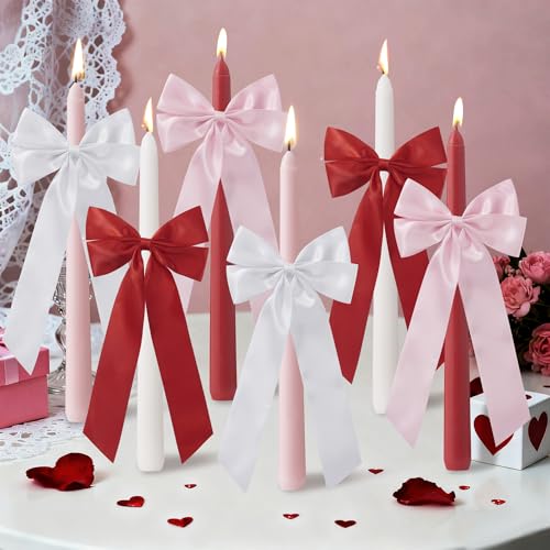 SRCVYLT 6 Pcs Valentines Candle Sticks Bow Taper Candles Coquette Candle Sticks Decor 10 Inch Unscented Wedding Candles Decor Gifts for Bachelorette Bridal Wedding Bow Party