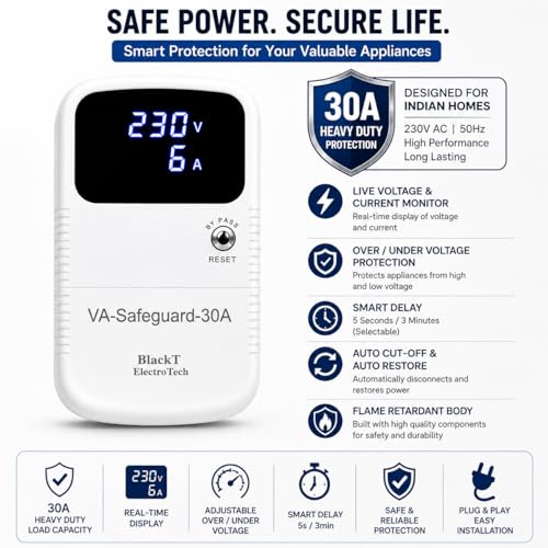 Image of Blackt Electrotech BTSG01 30A Digital Voltage Protector | Adjustable Over & Under Voltage Protection | Real-time Voltage & Current Monitor | 5s /3min Delay Timer for AC, Refrigerator & Water Pump