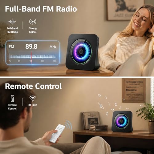 Image of CD Player Portable Bluetooth Desktop 4000mAh Rechargeable (Black) | CD Players for Home with Timer HiFi Speakers Dust Cover LCD Screen Display FM Radio 3.5mm AUX Jack Remote Control
