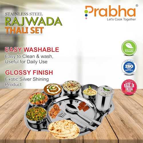 Image of Prabha Stainless Steel Dinner Set of 9 Pcs | Shagun Rajwada Silver Thali Set For Serving |Bhojan Thal Kitchen Dinnerware Set Ideal Gifting Anniversary, Wedding |Durable, Cleanable, Useable, High Grade