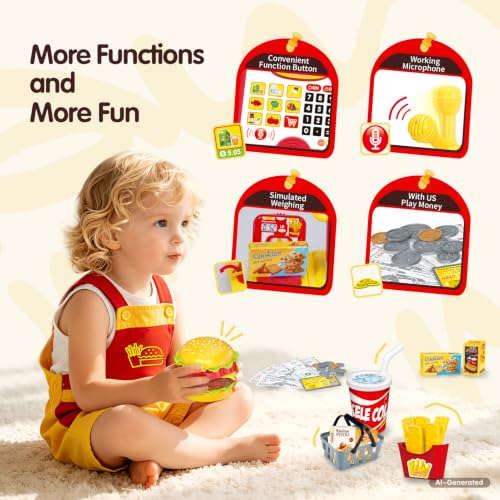 Image of FS Toy Cash Register for Kids with Barcode Scanner & Working Calculator, Pretend Play for Toddlers 3-5 Grocery Store Shopping Playset, Kids Cash Register with Play Money for Boys and Girls 3-8