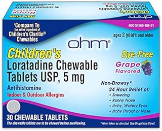 Ohm Children’s Chewable Tablets, Dye Free, Grape, Non-Drowsy 24h Relief of Sneezing, Runny Nose, Itchy Watery Eyes, Itchy Throat or Nose, Antihistamine, Indoor & Outdoor Allergies, 5mg, 30 Tablets