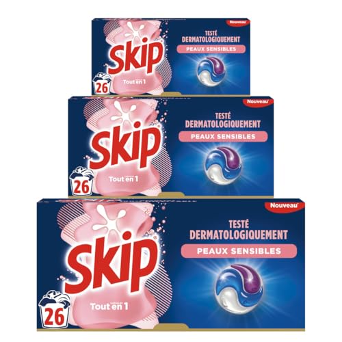 Skip lessive liquide capsules Sensitive 3 en 1 bébé et peaux sensibles testée dermatologiquement