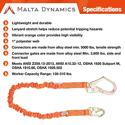 Image of Malta Dynamics 6' Single Leg Stretch Internal Shock Absorbing Lanyard with 1 Rebar Hook and 1 Steel Snap Hook, OSHA /ANSI Compliant