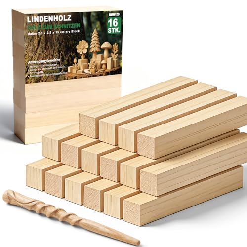 Schnitzholz Set Lindenholz zum Schnitzen: 16 Stück Holzblöcke - Unbehandelte Holzblock Holz Rohlinge Basswood zum Holzschnitzen und Basteln für Anfänger