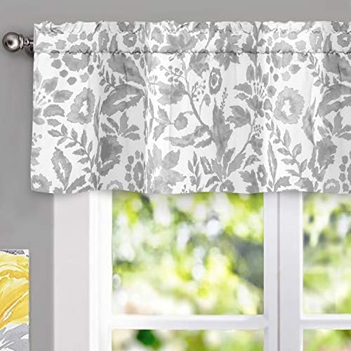 DriftAway Julia Watercolor Blooming Flower Floral Lined Thermal Insulated Window Curtain Valance Rod Pocket 52 Inch by 14 Inch Plus 1.75 Inch Header Gray 1 Pack