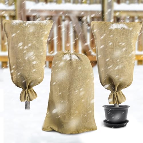 3 Pack 40 x 24 Burlap Winter Plant Cover Bags- Reusable Burlap Frost Cloth Plant Freeze Protection- Warm Burlap Sacks Plant Frost Blankets with Twine for Outdoor Garden Trees Potted Plants