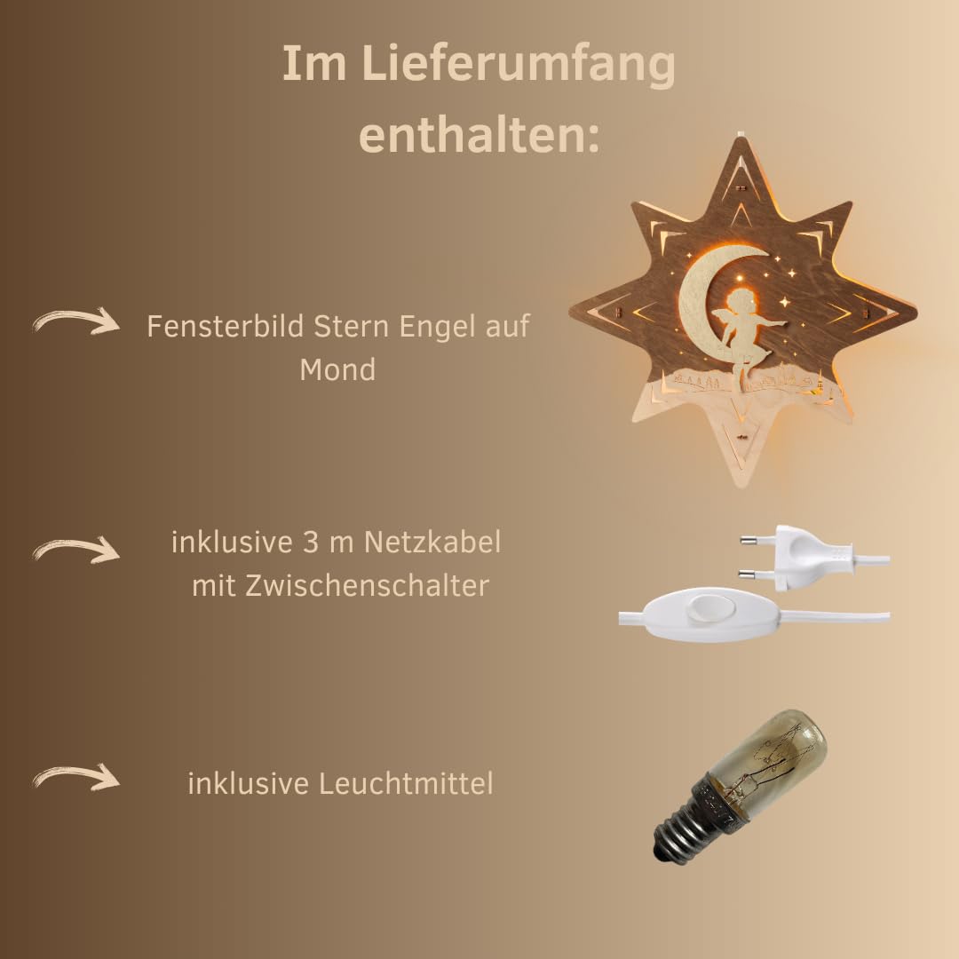weigla - Fensterbild original Erzgebirge Stern Engel auf Mond I Weihnachtsdeko Fenster I 1 Lampe I 7 W, E14 I Fensterbild Weihnachten I Weihnachtsbeleuchtung aus Holz I Fensterdeko hängend
