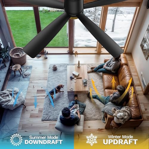 DWVO 52 inch Flush Mount Ceiling Fan with Lights, 5 Blade Low Profile Ceiling Fan with Remote,Tri-Color Temperature, 6 Speed Black and Gold, Quiet DC Motor for Bedroom, Living Room