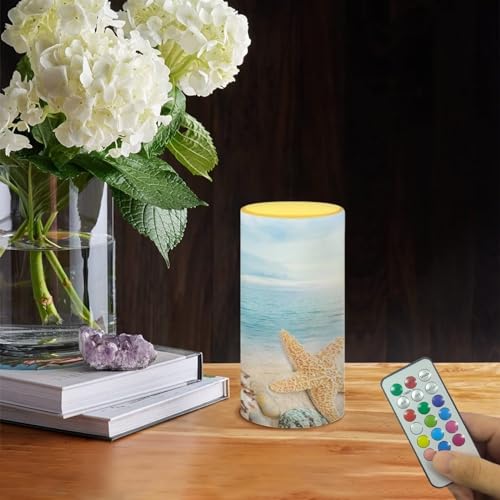 Image of Flameless Candle Electric LED Lights with Dancing Flame, with Timer Remote 12 Color Lights, 3 AAA Batteries Operated (Not Include), for Beach Indoor Home Decor, Coastal Starfish Blue Sea