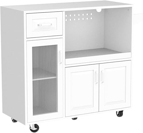 Miniatura 4 de PHI VILLA Carrito de microondas con ruedas, isla de cocina blanca con estante para microondas, carrito de cocina rodante con almacenamiento