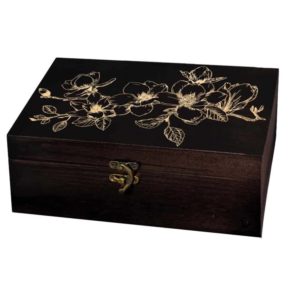 arricraft 1 Pc Wooden Keepsake Storage Box, Magnolia Branch Pattern Rectangle Pine Tarot Card Memory Box for Anniversary Jewelry Board Storage 24x14x9cm (9.45x5.51x3.54 inches)