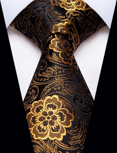 Image of YourTies Black Gold Ties for Men Silk Floral Men's Necktie Woven Jacquard Formal Business Party Wedding Designer