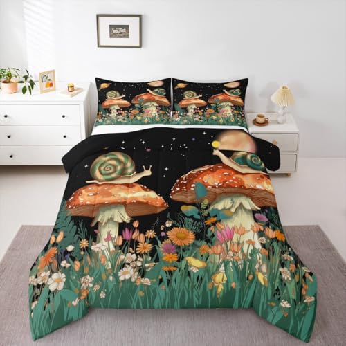 Image of Feelyou Mushroom Floral Botanical Comforter Set Twin Size Kids Boys Girls | Teens Butterfly Snail Nature Duvet Set Room Decor 2Pcs Warm Cozy Breathable Lightweight All Season
