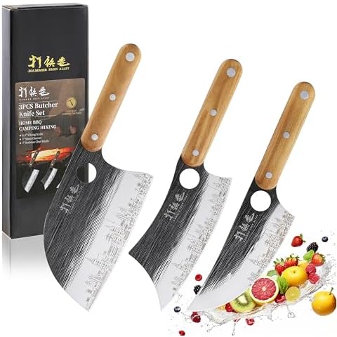 3PCS Butcher Knife Set, 7" Butcher Meat Cleaver, 7" Serbian Chef Knife and 6.5" Viking Knife, Hand Forged Butcher Knife with Wooden Handle, Ideal for Home, Camping, BBQ (Unique Pattern) Cover